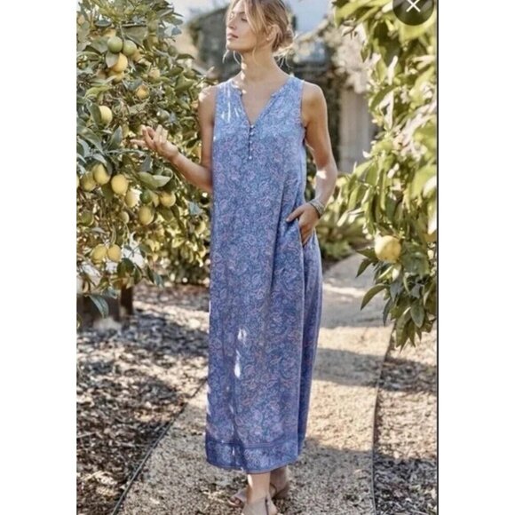 NEW J Jill Womens Plus 2X Blue Paisley Border Print Sleeveless Maxi Dress - Picture 1 of 11